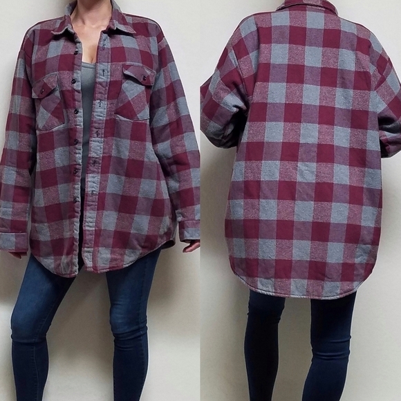 Vintage 60s Five Brothers Grunge Cotton Grey Red Plaid Flannel Quilted Jacket - Picture 1 of 12